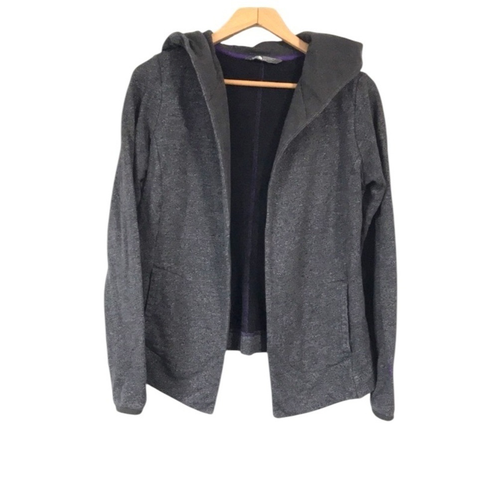 The North Face Spell Out Hooded Open Front Cardigan Sweater Gray Medium